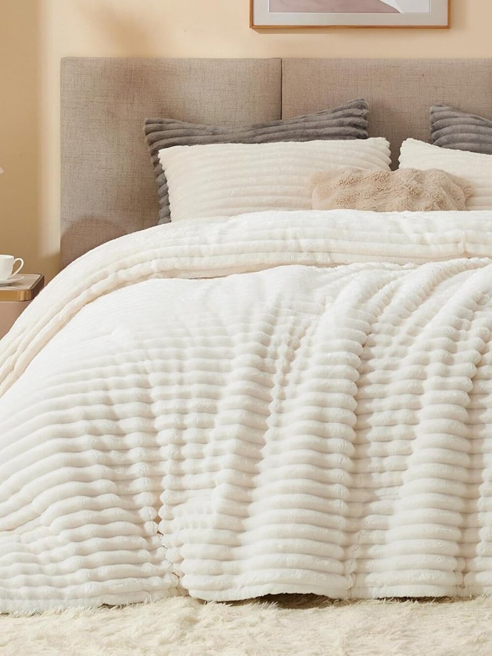 NEW Queen Cream White Fluffy Fleece Comforter Set 88x88 Plush Winter Bedding